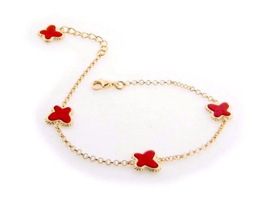 Red Coral Butterfly Charms Bracelet in Gold Plating, 7" + 1" Extender Bracelets