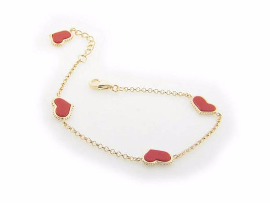 Coral Heart Charms Bracelet in Gold Plating, 7" + 1" Extender Bracelets