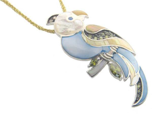 Vintage Mother of Pearl & Zirconia Parrot Pendant 925 Sterling Silver by . Necklaces